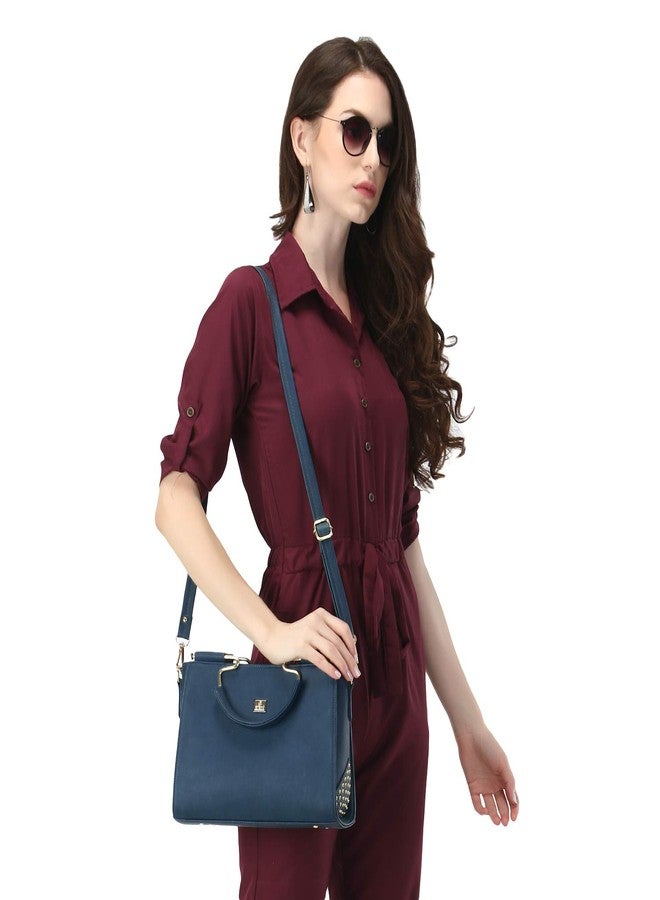 EVEDA PU Synthetic Leather Stylish Fancy Top Handle Daytrip Crossbody Handheld Handbag For Women (Blue) - Image 5